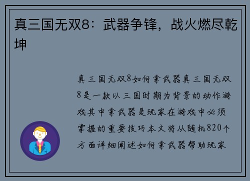 真三国无双8：武器争锋，战火燃尽乾坤